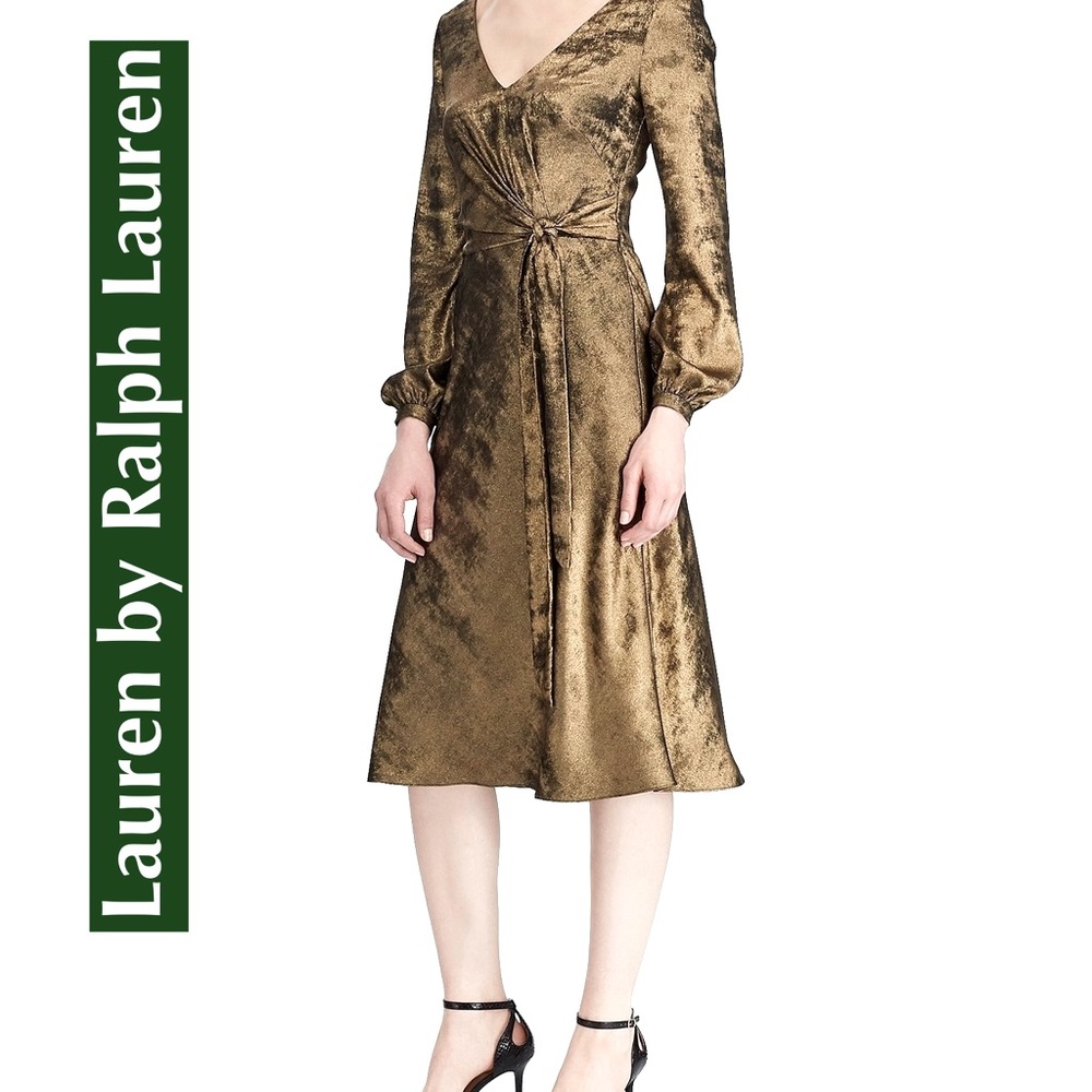 🆕Lauren Ralph Lauren Gold Faux-Wrap  Dress Size14
